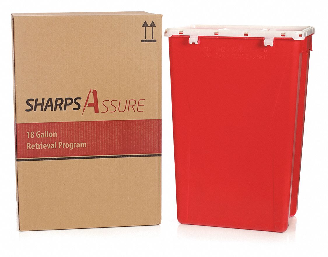 Sharps Container: 18 gal Capacity, Red, Snap, 12 in Ht, 16 in Lg, 22 in Wd