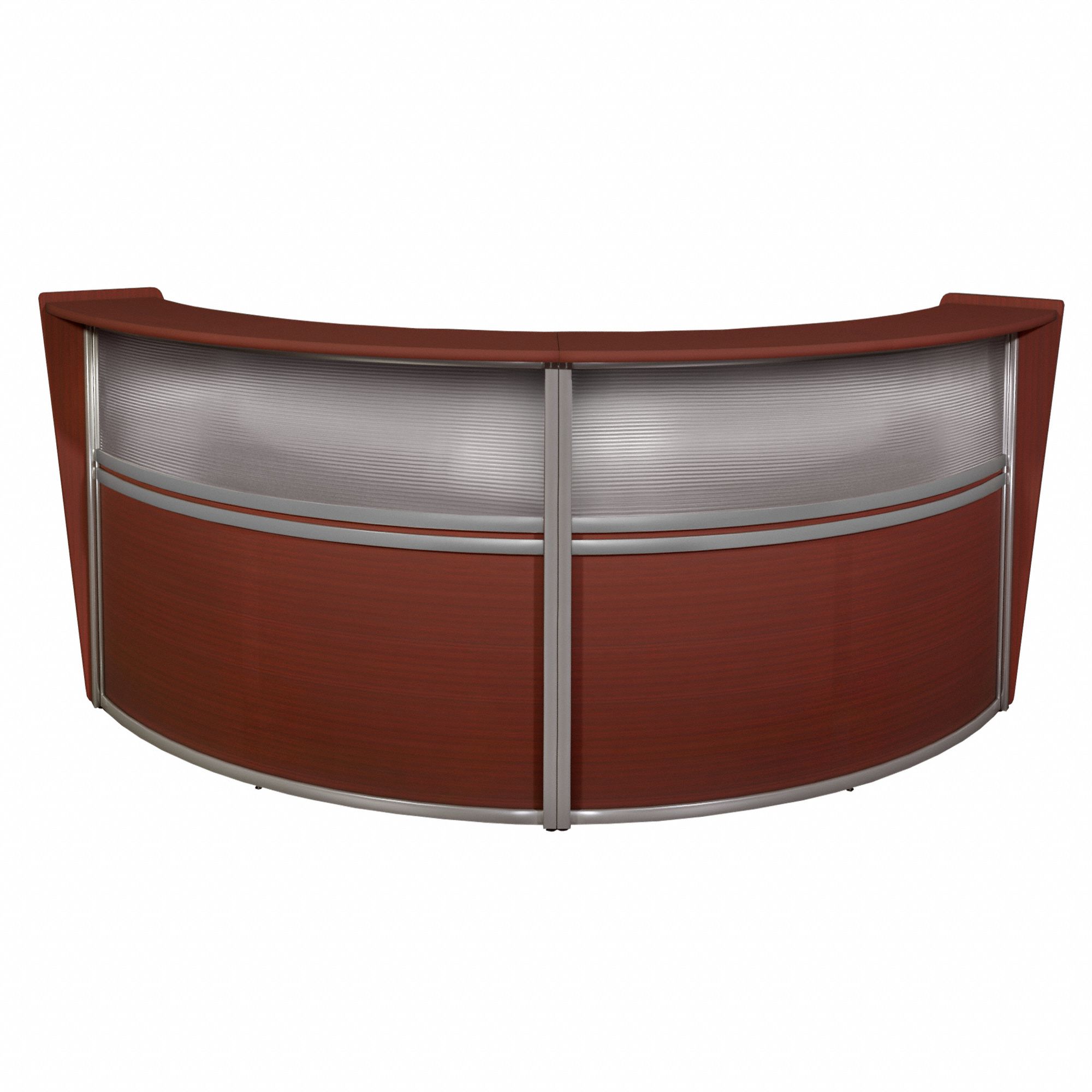 Plexi Double Unit Recpetion Desk: Melamine, Mahogany, 45 1/2 in Overall Ht, 49 in Overall Dp