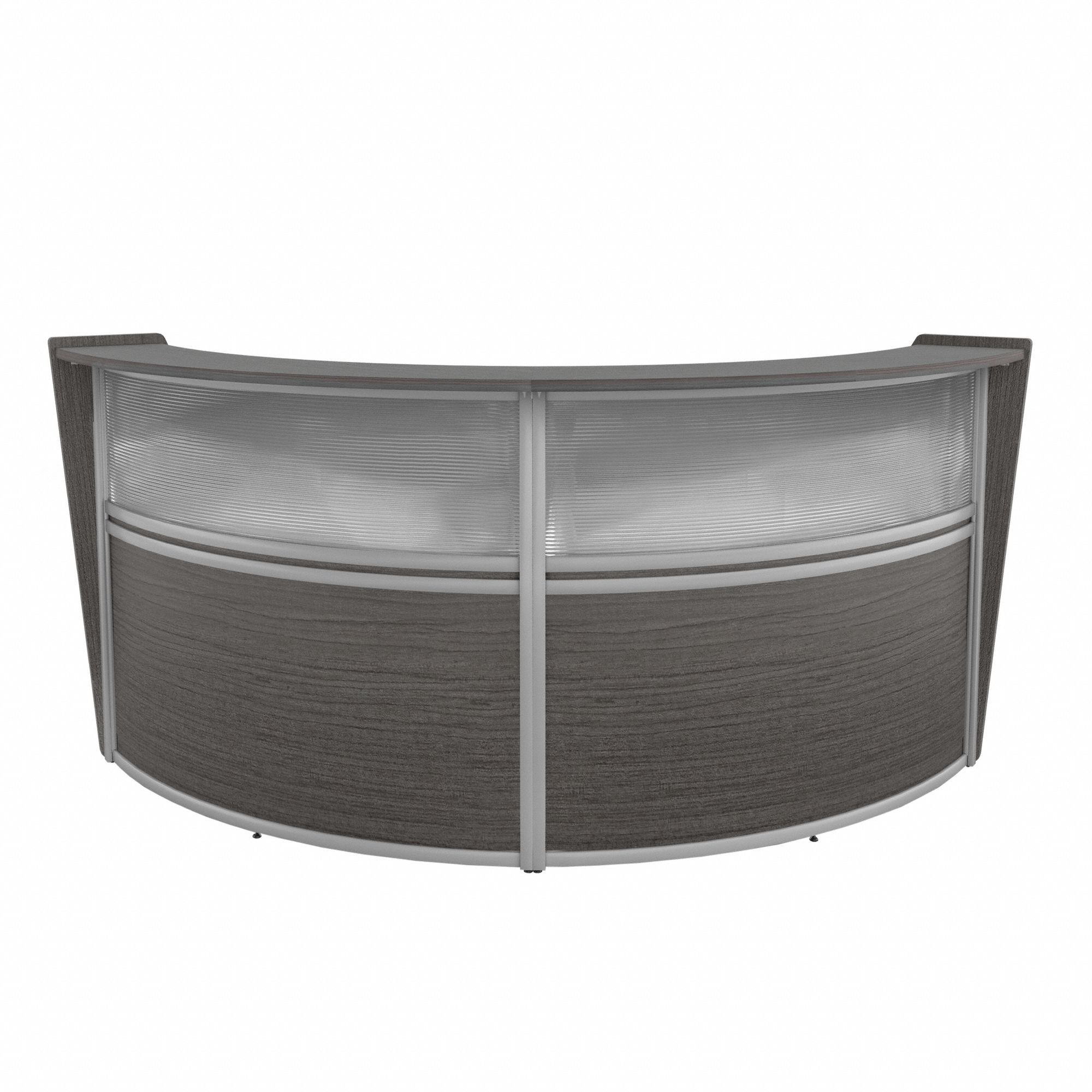 Plexi Double Unit Recpetion Desk: Melamine, Driftwood, 45 1/2 in Overall Ht, Steel, Silver