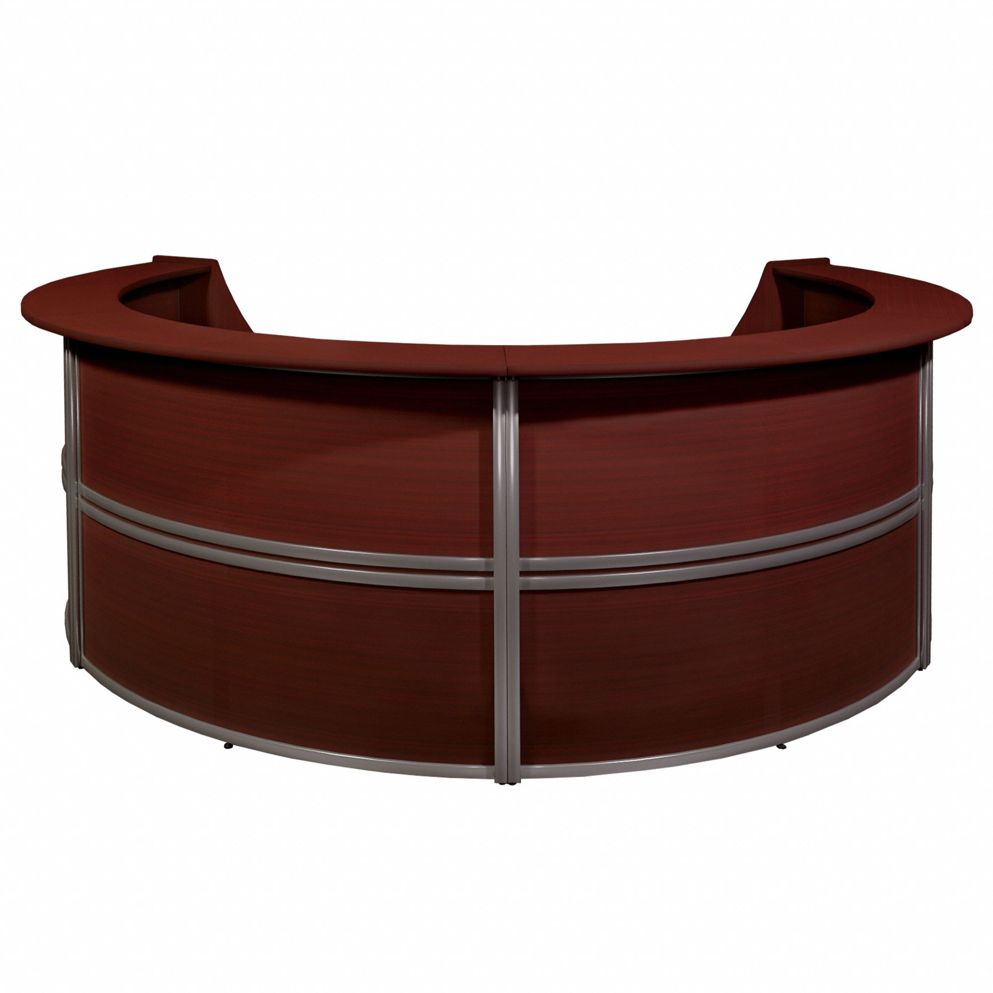 Four Unit Reception Desk: Melamine, Mahogany, 45 1/2 in Overall Ht, 142 in Overall Wd, Steel