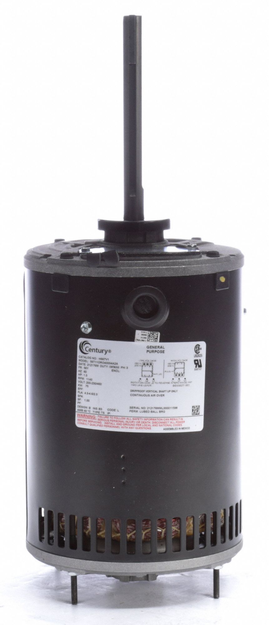 CENTURY Condenser Fan Motor, 1 HP, 3Phase, Nameplate RPM 1,140, No. of