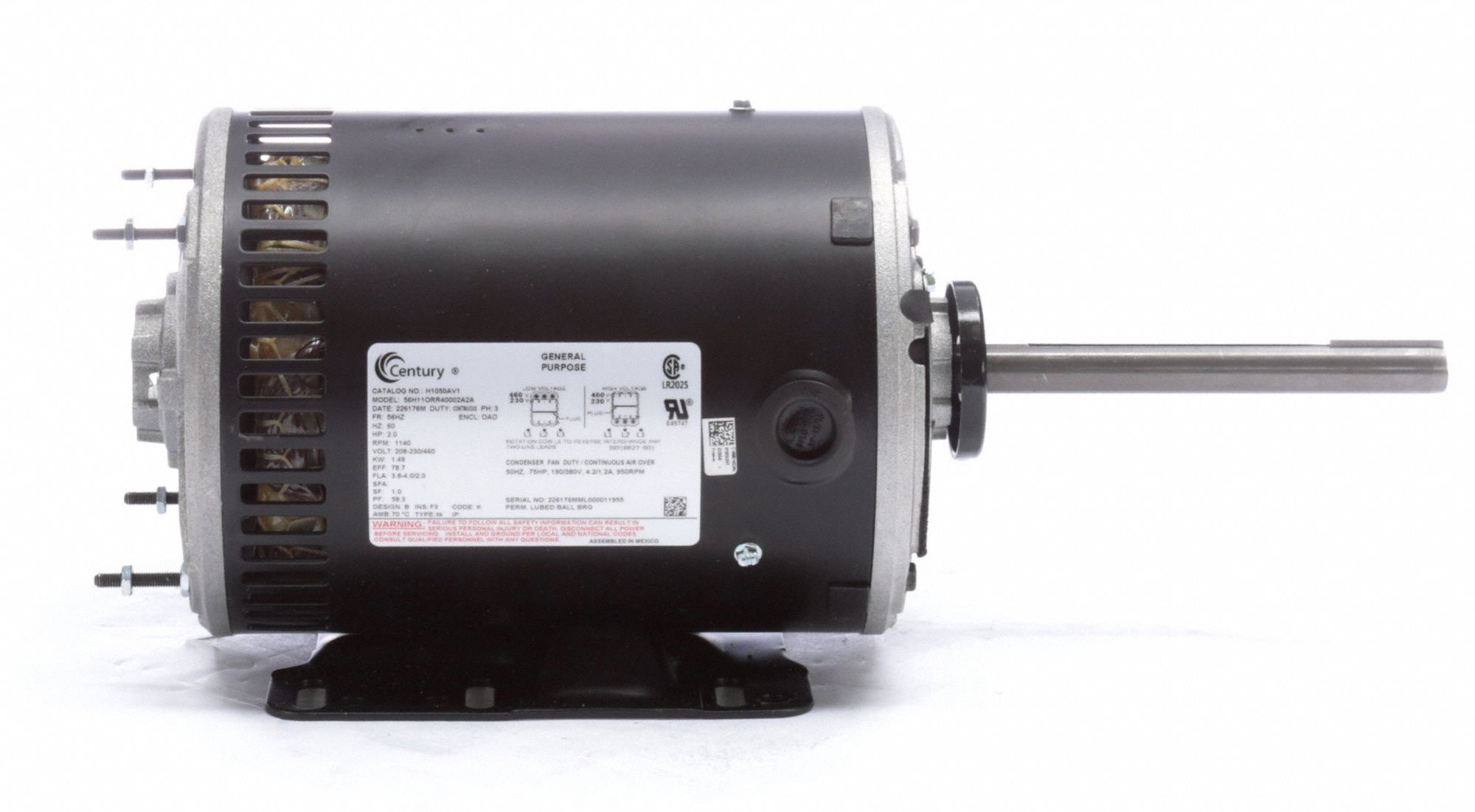 CENTURY Condenser Fan Motor, 1 HP, 3-Phase, Nameplate RPM 1,140, No. Of ...