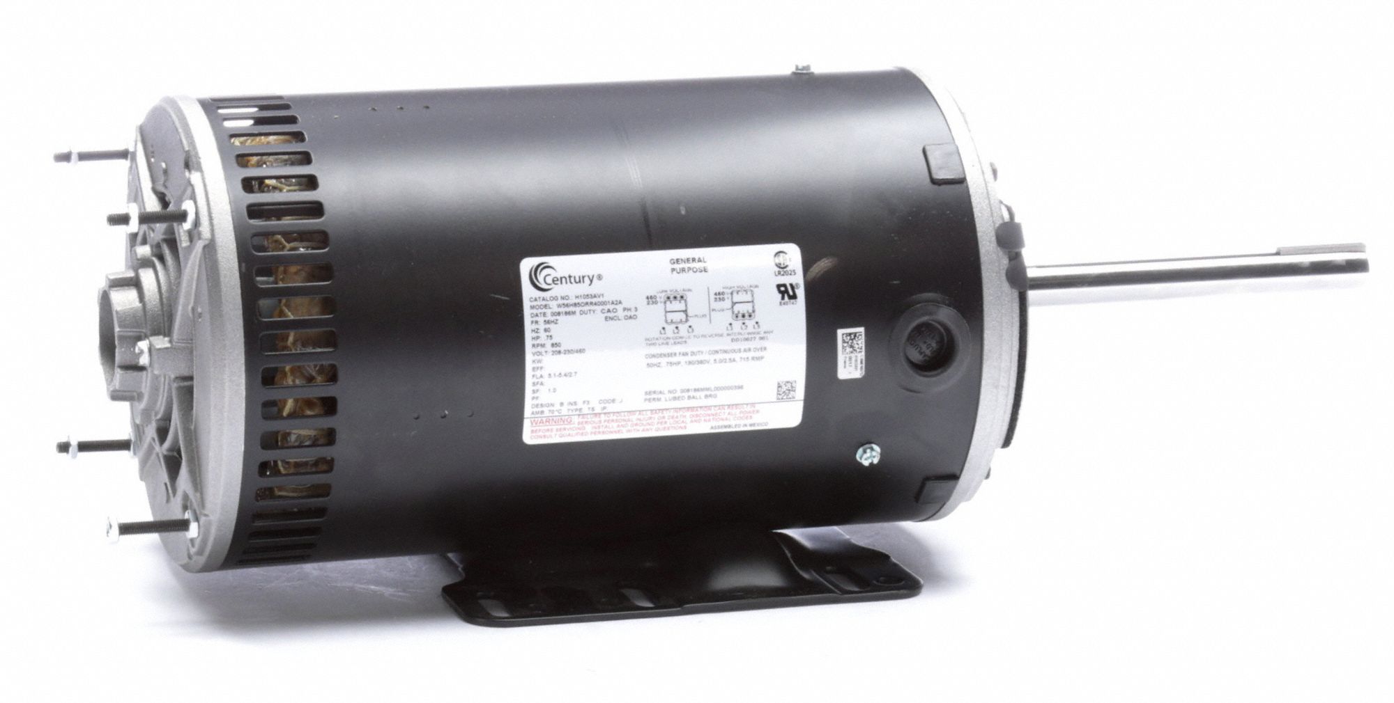 CENTURY Condenser Fan Motor, 1 HP, 3Phase, Nameplate RPM 850, No. of