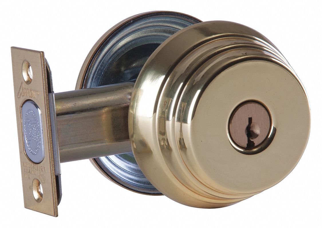 Deadbolt Lock: Cylindrical, 1 3/8 in Door Thick - Max, Brass