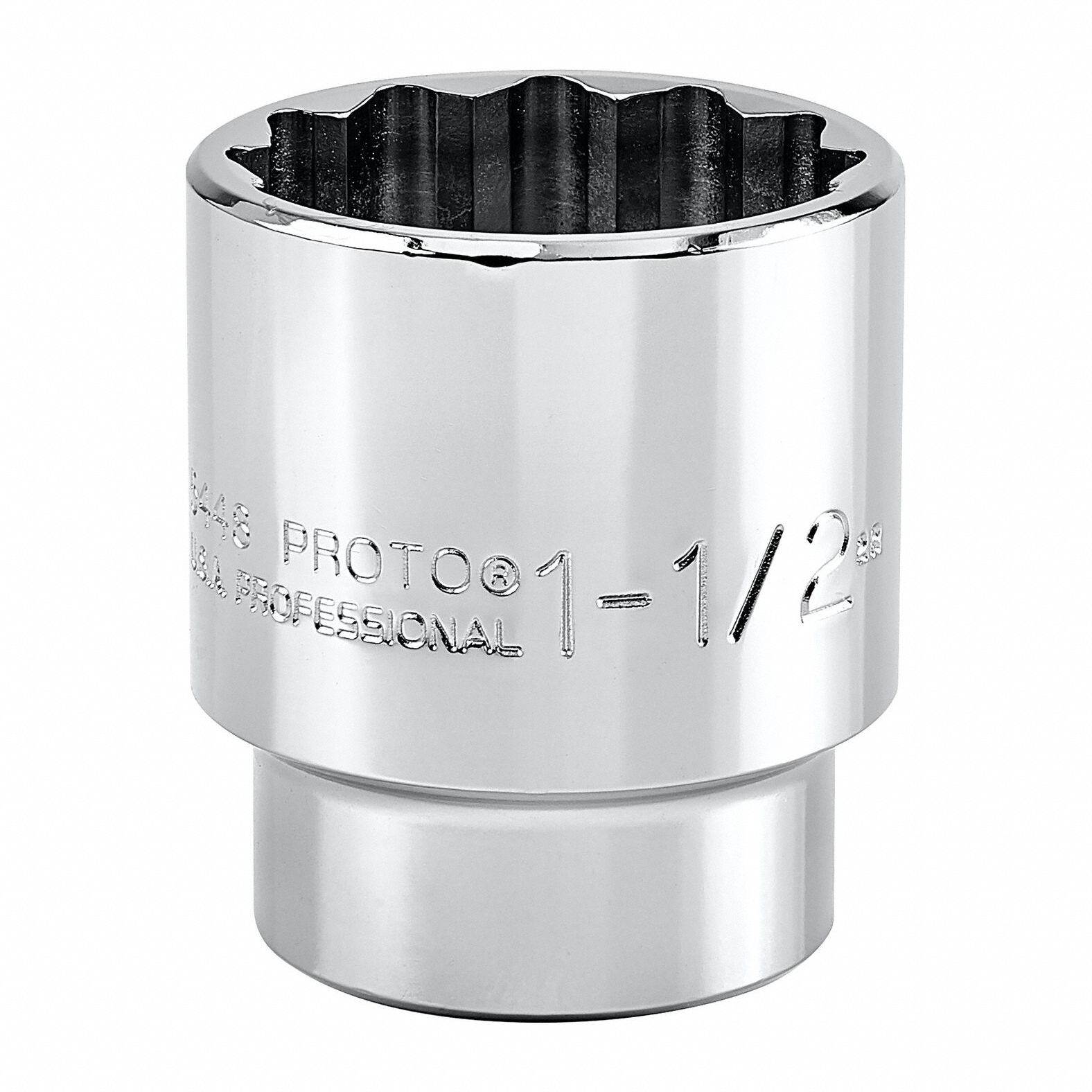 Socket: SAE, 1/2 in Drive Size, 1 1/2 in Socket Size, 12-Point, Std, Chrome, Socket
