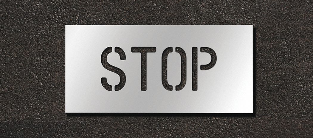 Individual Stencil: Stop, 0.125 in Thick, 10 in Overall Ht, 17 in Overall Wd, Highway Gothic