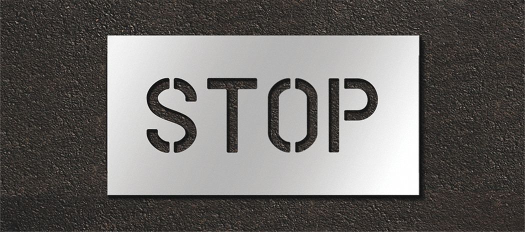 Individual Stencil: Stop, 0.125 in Thick, 12 in Overall Ht, 25 in Overall Wd, Highway Gothic
