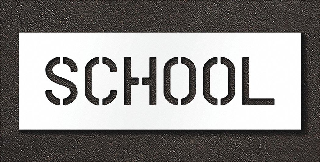 Individual Stencil: School, 0.125 in Thick, 12 in Overall Ht, 34 in Overall Wd, Highway Gothic