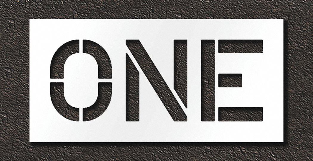 Individual Stencil: One, 0.125 in Thick, 18 in Overall Ht, 37 in Overall Wd, Highway Gothic, Message