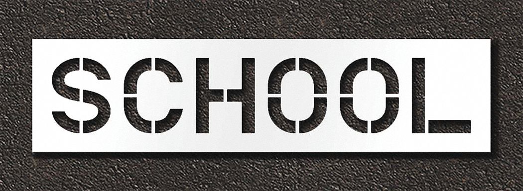 Individual Stencil: School, 0.125 in Thick, 18 in Overall Ht, 70 in Overall Wd, Highway Gothic