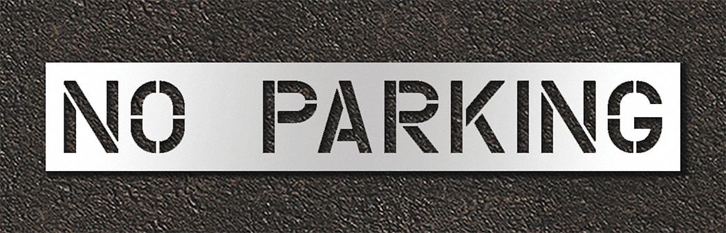 Individual Stencil: No Parking, 0.125 in Thick, 18 in Overall Ht, 105 in Overall Wd, Highway Gothic