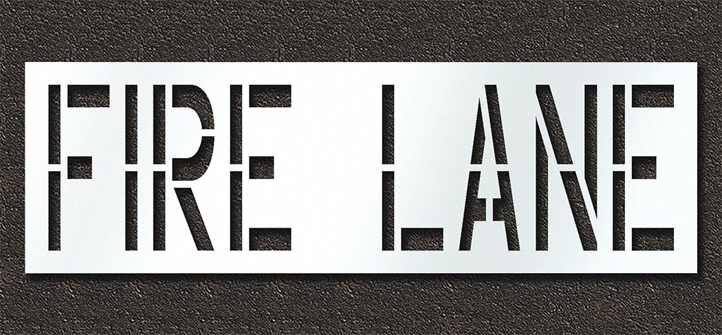 Individual Stencil: Fire Lane, 0.125 in Thick, 30 in Overall Ht, 96 in Overall Wd, Highway Gothic
