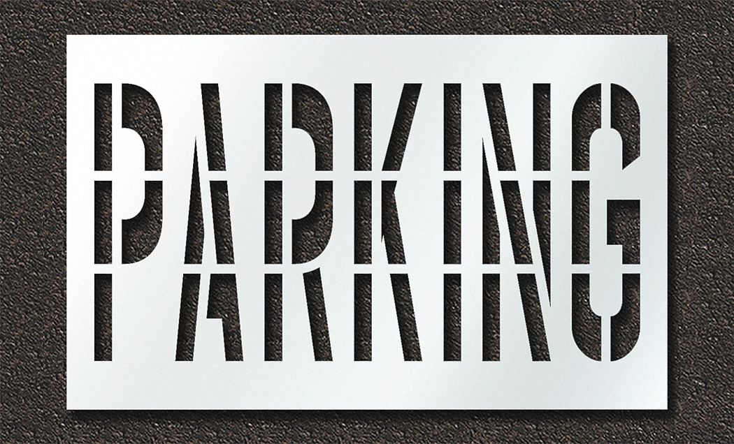 Individual Stencil: Parking, 0.125 in Thick, 48 in Overall Ht, 77 in Overall Wd, Highway Gothic