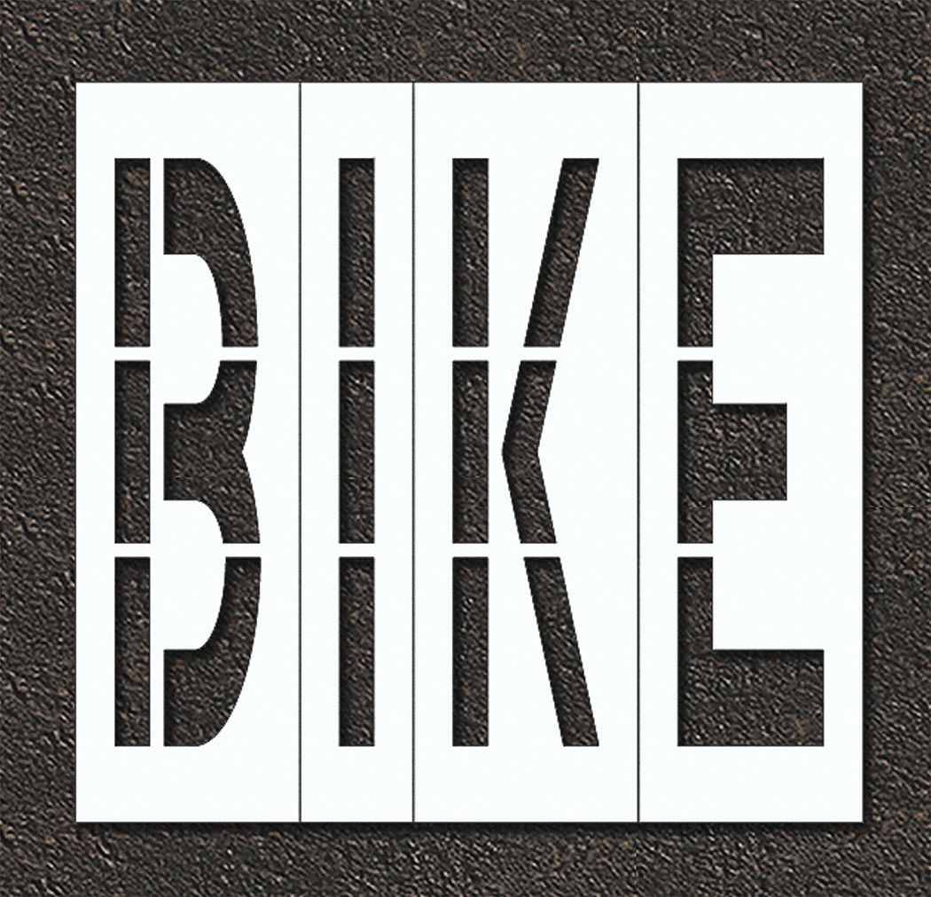 Individual Stencil: Bike, 0.125 in Thick, 60 in Overall Ht, 63 in Overall Wd, Highway Gothic