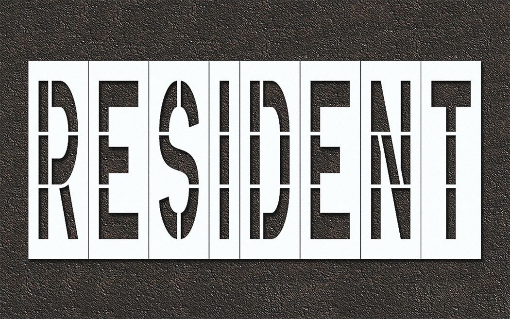 Individual Stencil: Resident, 0.125 in Thick, 60 in Overall Ht, 135 in Overall Wd, Highway Gothic