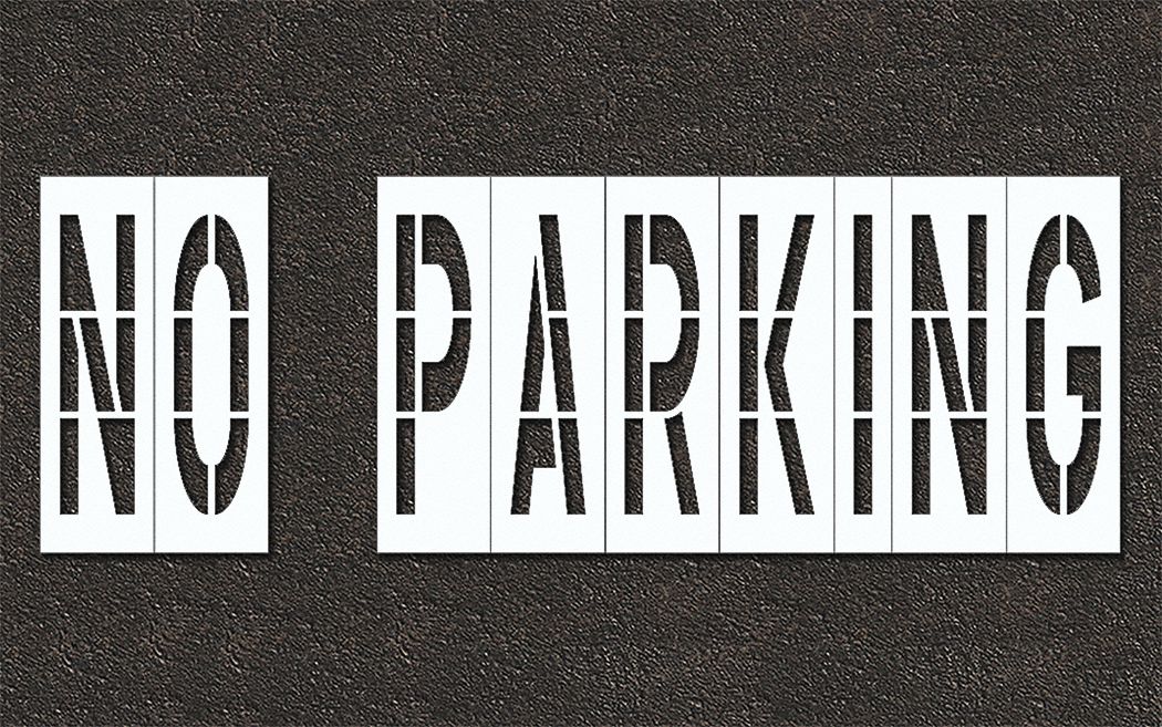 Individual Stencil: No Parking, 0.125 in Thick, 60 in Overall Ht, 153 in Overall Wd, Highway Gothic