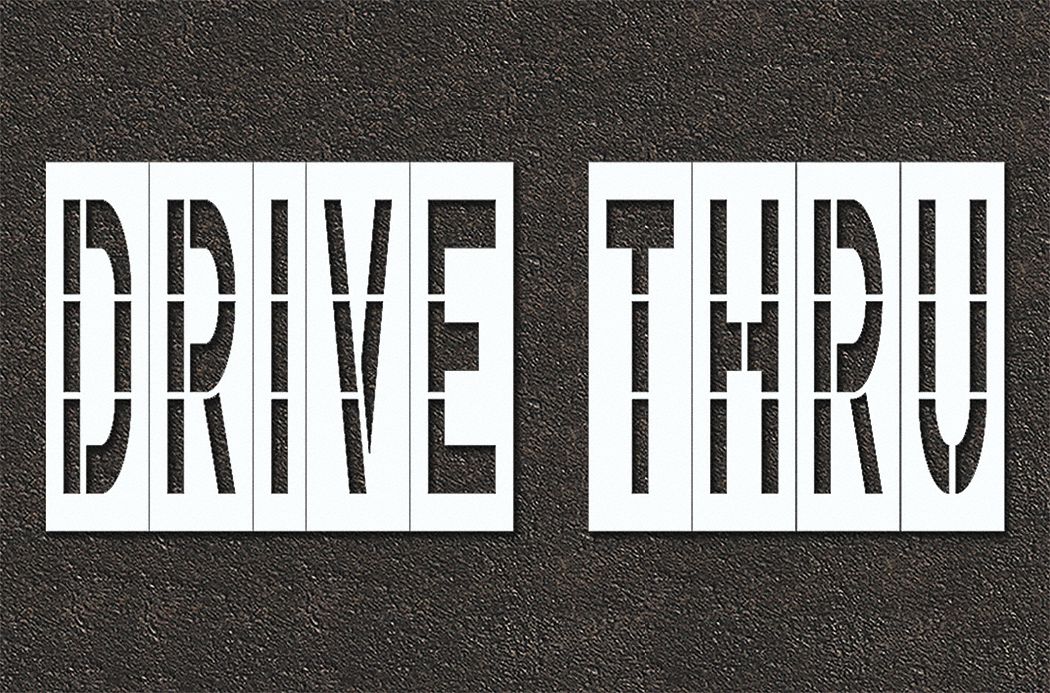 Individual Stencil: Drive Thru, 0.125 in Thick, 60 in Overall Ht, 153 in Overall Wd, Highway Gothic
