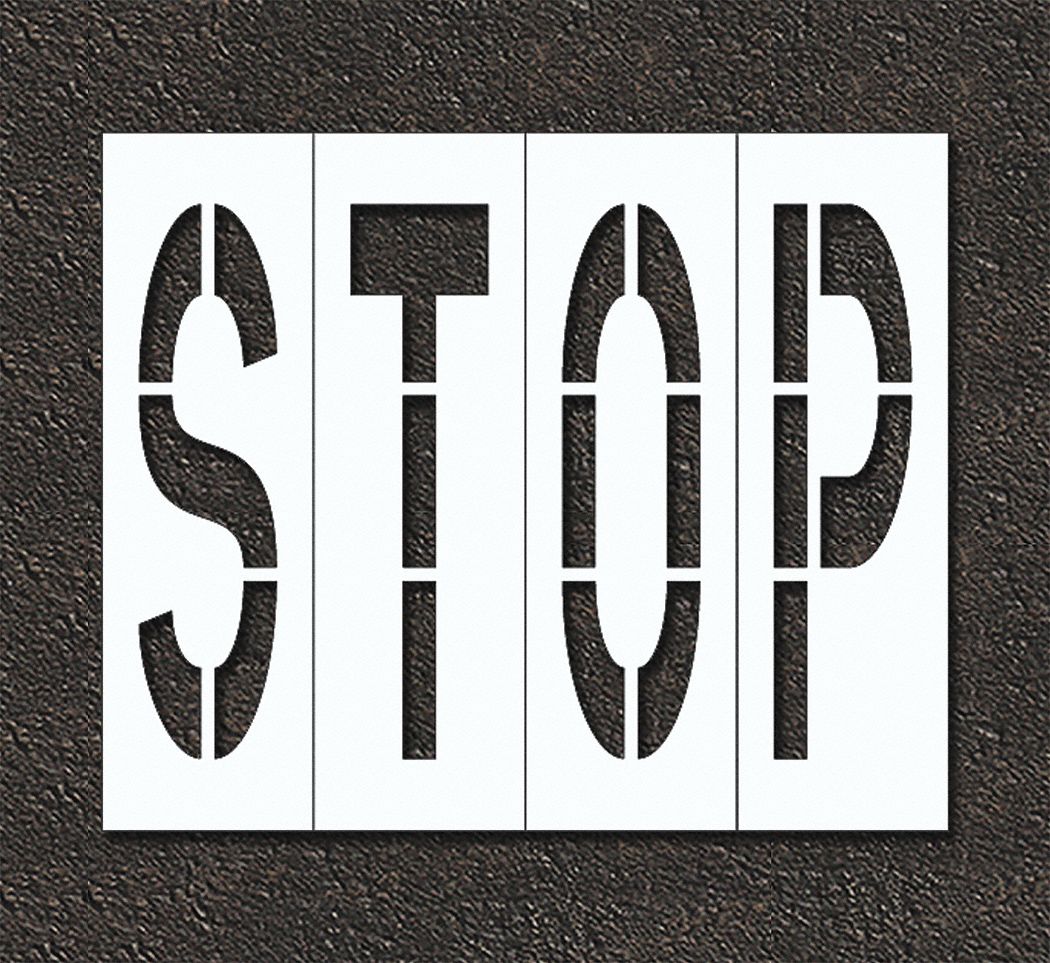 Individual Stencil: Stop, 0.125 in Thick, 96 in Overall Ht, 88 in Overall Wd, Highway Gothic