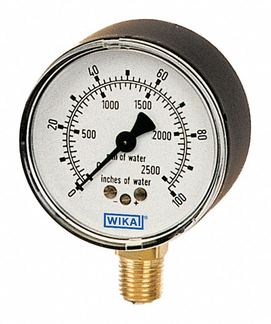 LOW PRESSURE GAUGE, BOTTOM MOUNT, 0-30 IN H2O, 1/4 IN MNPT, 2 1/2 IN, STEEL/BRASS