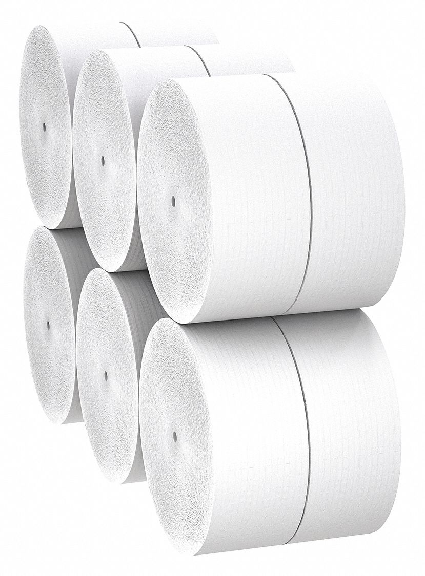 TOILET PAPER ROLL, JUMBO CORELESS, 1 PLY, CONTINUOUS, ROLL LENGTH 2300 FT, WHITE, 12 PK