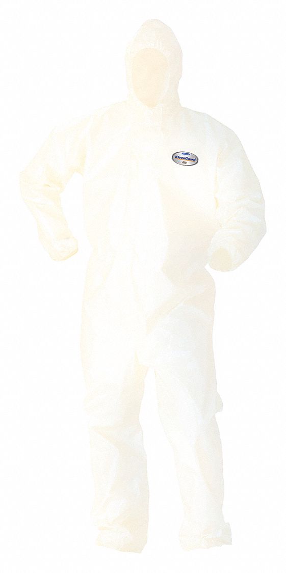 COVERALL, HOODED, DISPOSABLE, ELASTIC ANKLE/WRISTS, TAPED SEAMS, ZIPPER, WHT, SZ XXXXL, SARANEX 23-P