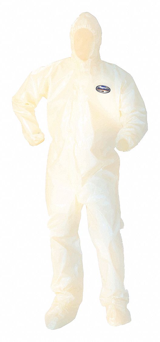 HOODED COVERALLS, WHITE, 4XL, SARANEX 23-P FILM, ELASTIC CUFF W/BOOT COVERS