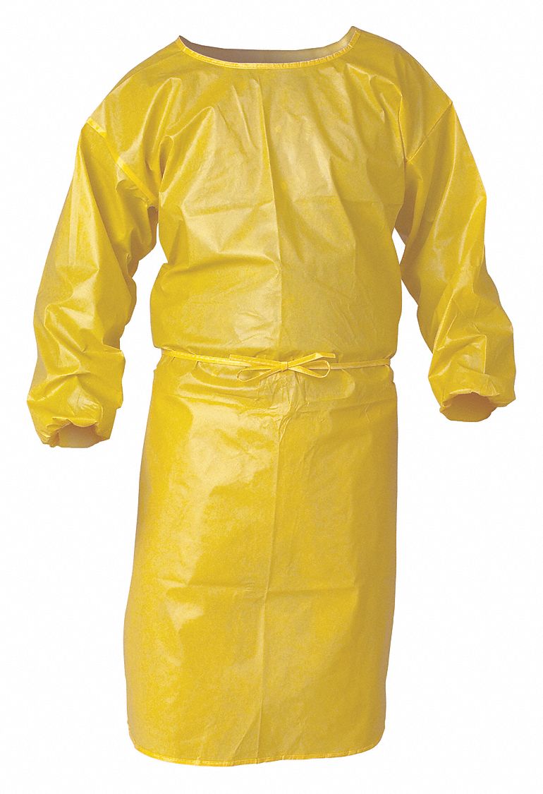 SMOCK, YELLOW, SNAPS, UNIVERSAL, 1.5 MIL, 44 IN L, TIE, BOUND SEAM