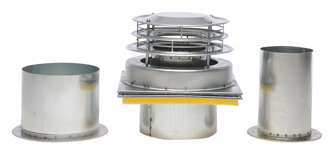 Roof/Wall Vent Kit: Smooth Rain Cap, Round, 9 in Duct, Steel, Silver Finish, Galvanized, Press Fit