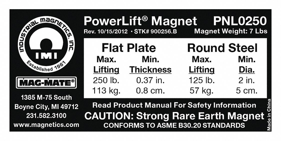 Replacement Capacity Sticker: 900256, Below-the-Hook Lifting Magnets
