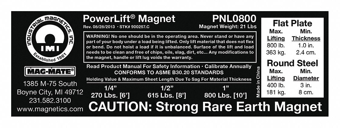 Replacement Capacity Sticker: 900257, Below-the-Hook Lifting Magnets