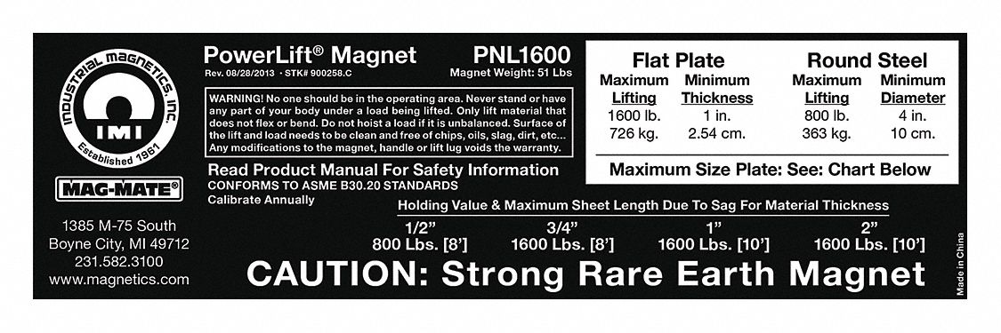 Replacement Capacity Sticker: 900258, Below-the-Hook Lifting Magnets