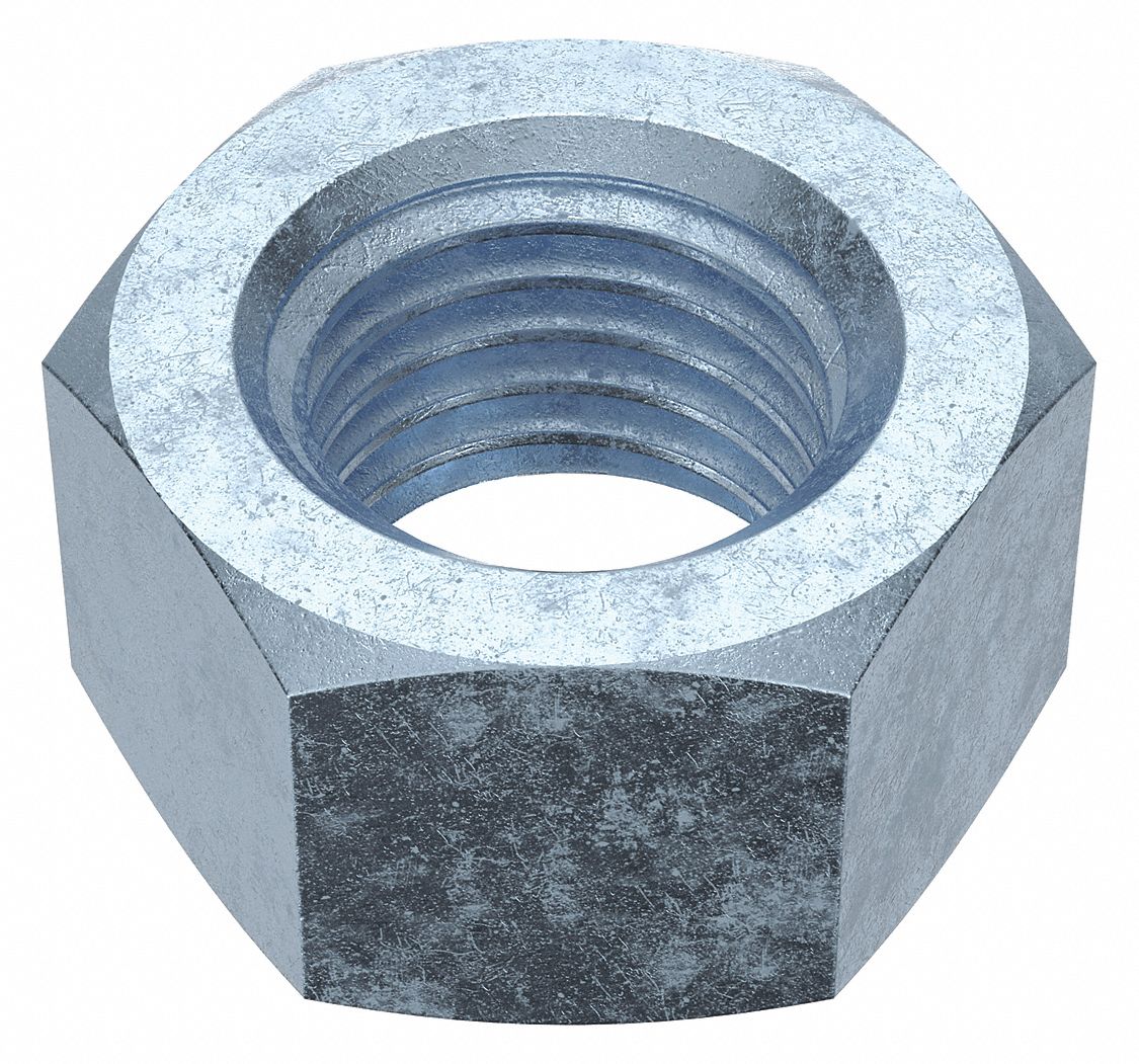 Hex Nut: Std Hex, 1"-8 Thread, 1 15/32 in Hex Wd, 55/64 in Hex Ht, Steel, Grade 2, Zinc-Plated, 5 PK