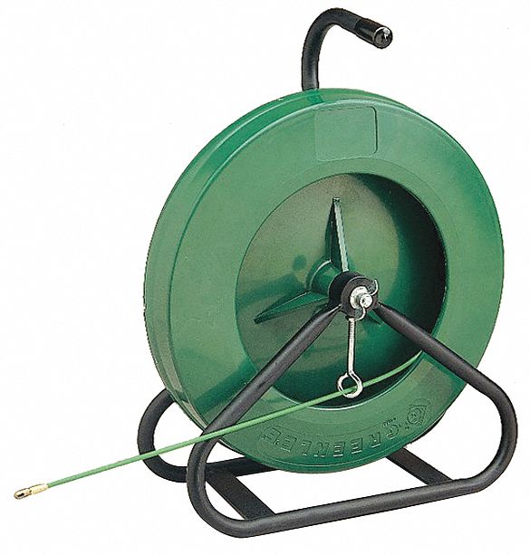 Fish Tape: 200 ft Lg, Manual Wind Tape Retraction, Round Tape Shape, 17 in Case Dia