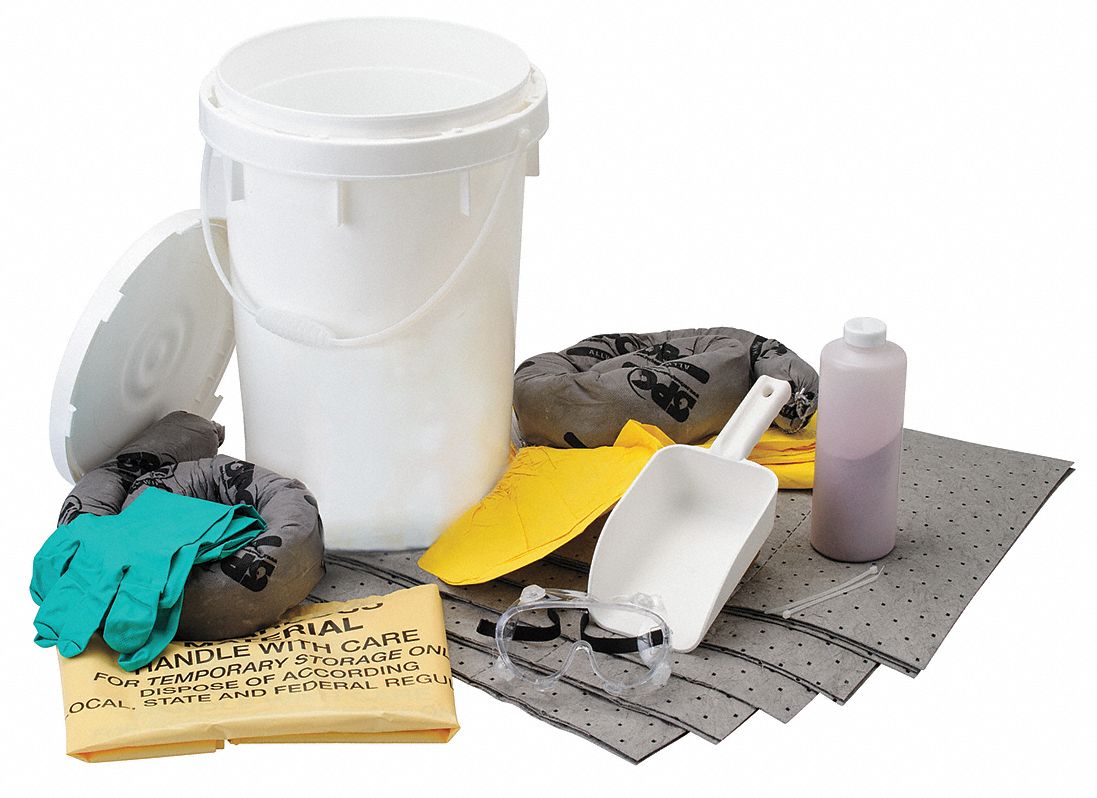 SPILL KIT, 5 GALLON ABSORBED PER KIT, GOGGLES/PAIR NITRILE GLOVES, WHITE