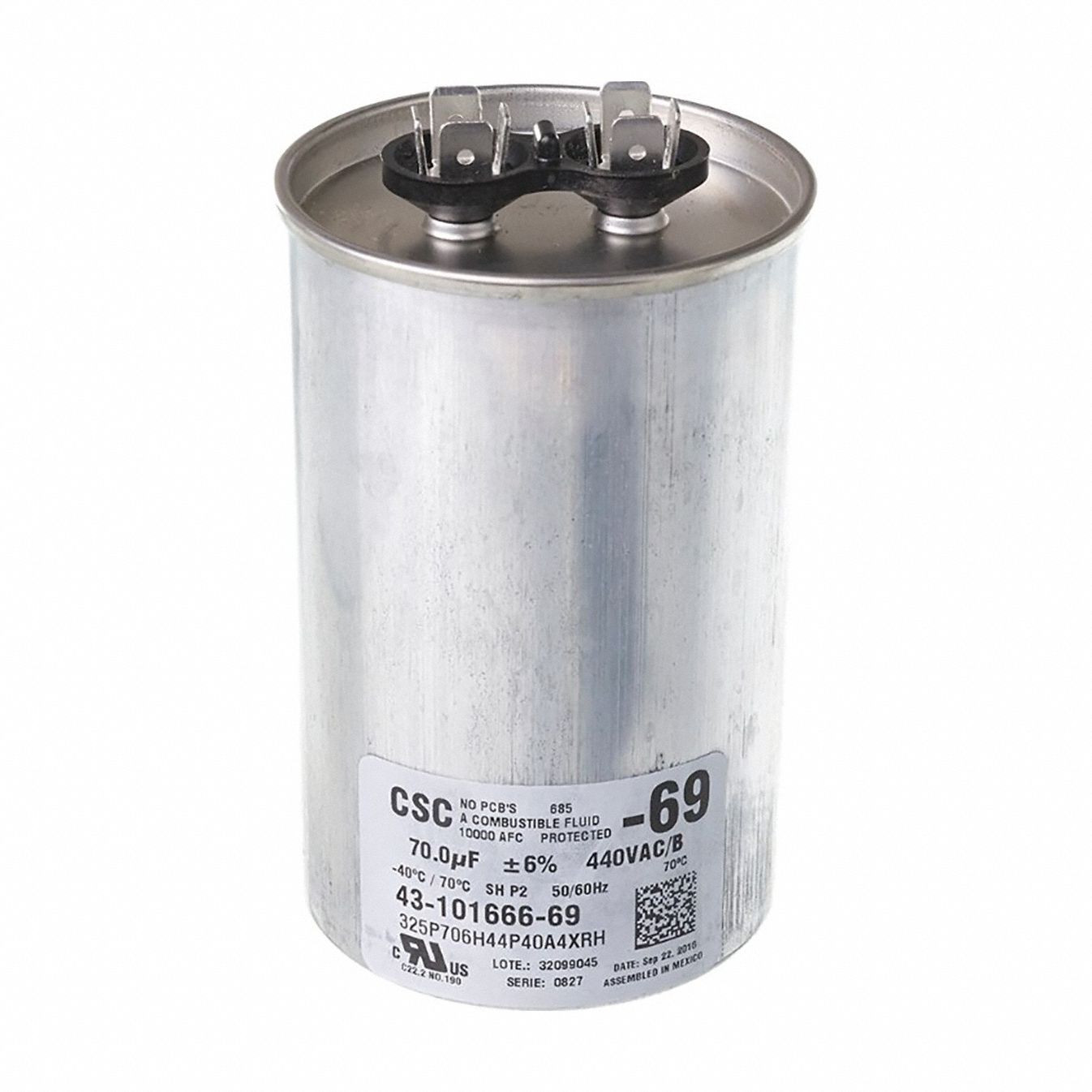 Motor Dual Run Capacitor: Round, 440V AC, 70 MFD, 2 in Overall Dia, 4 in Overall Ht