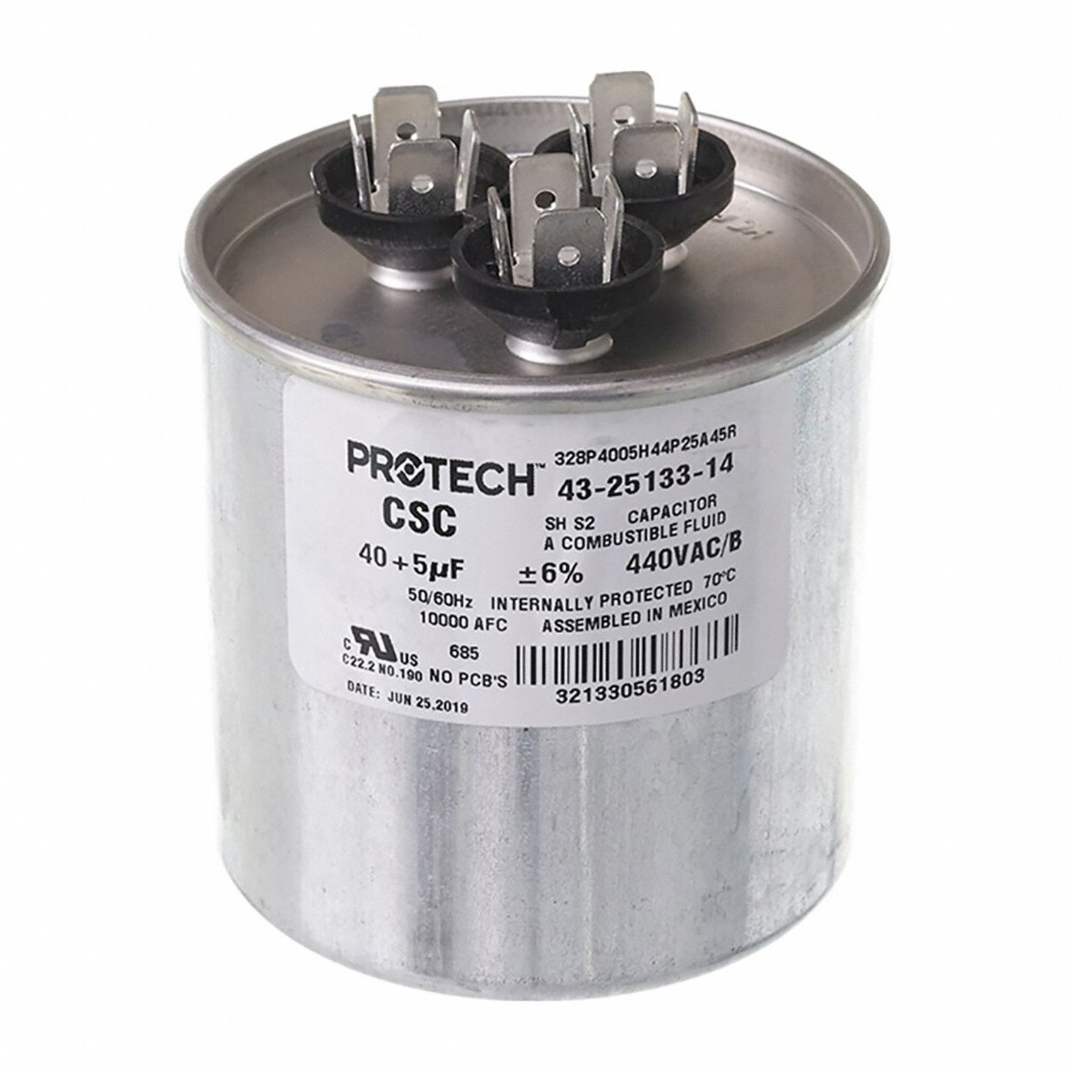Motor Dual Run Capacitor: Round, 440V AC, 40/5 MFD, 2 1/2 in Overall Dia, Aluminum