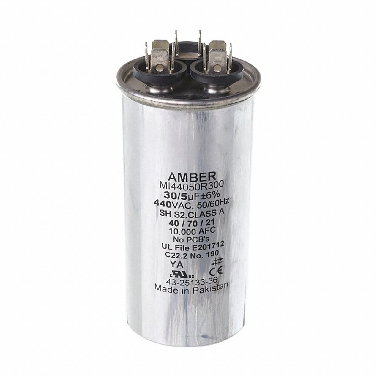 Motor Dual Run Capacitor: Round, 440V AC, 30/5 MFD, 2 in Overall Dia, 4 3/8 in Overall Ht