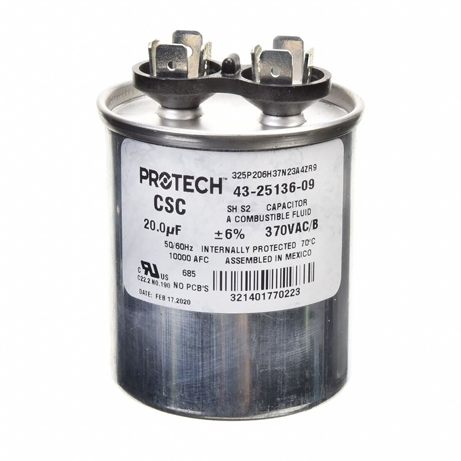 Motor Dual Run Capacitor: Round, 370V AC, 20 MFD, 2 in Overall Dia, 2 1/2 in Overall Ht
