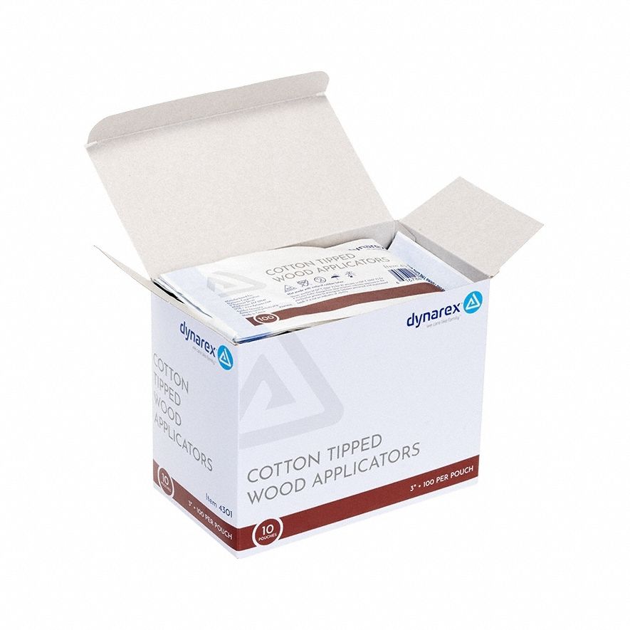 Cotton Tip Swab: Non-Sterile, Cotton, 3 in Lg, Wood, Single, 1, 000 PK