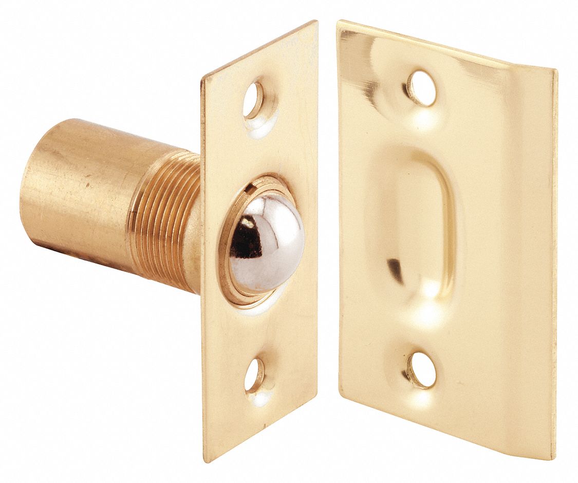 Closet Door Ball Catch/Strike: Brass, 2 1/8 in Overall Ht, 11/16 in Barrell Dia