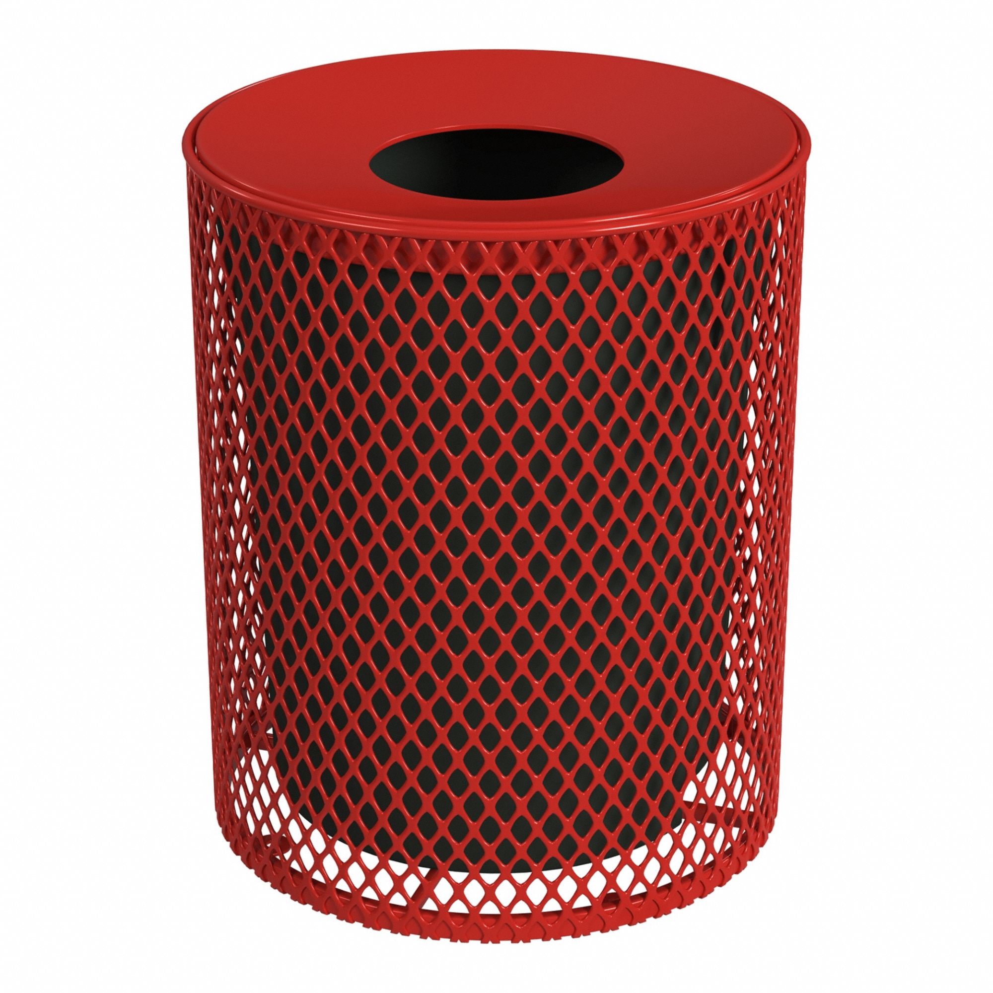 Trash Can: Round, Flat with Top Opening Top, Flat with Top Opening, 23 1/2 in, Metal