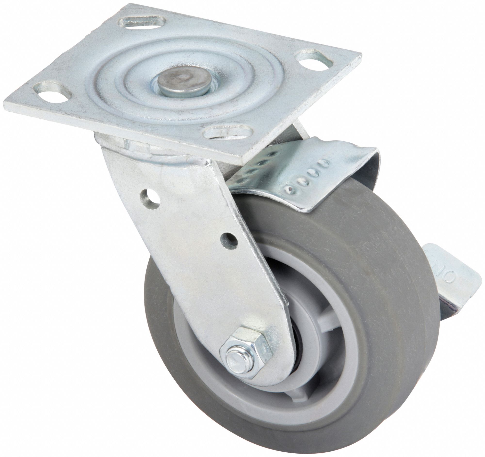 Plate Caster: Swivel, Side Brake, Rubber, 5 in Wheel Dia, 2 in Wheel Wd, Roller
