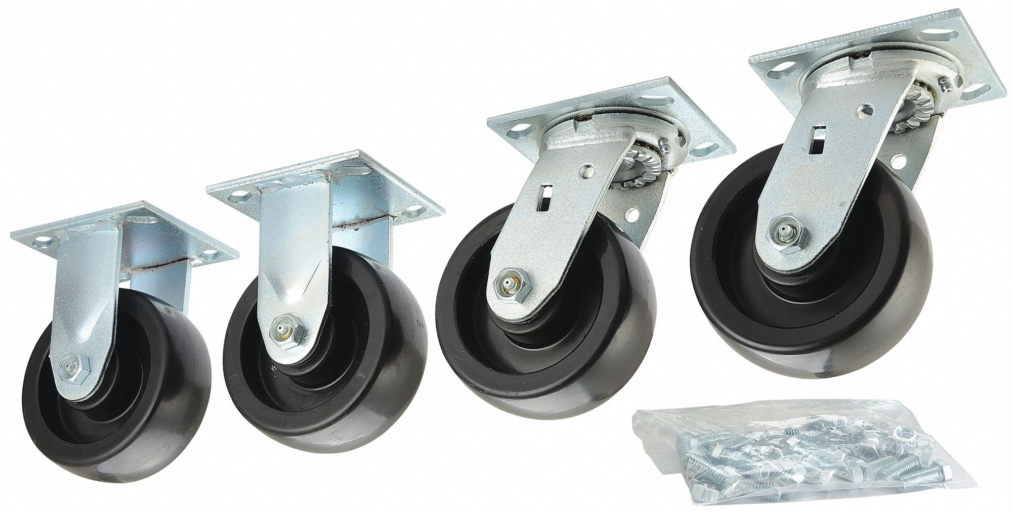 GRAINGER APPROVED Plate Caster Kit, Rigid, Swivel, Polyolefin, 2600 lb