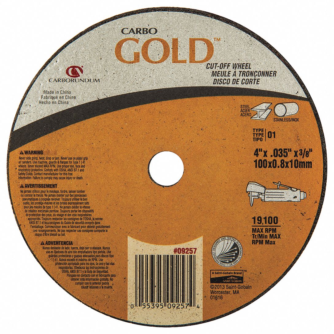 ABRASIVE CUT-OFF WHEEL, TYPE 1, 4 IN X 0.035 IN X ⅜ IN, ALUMINUM OXIDE, 60 GRIT