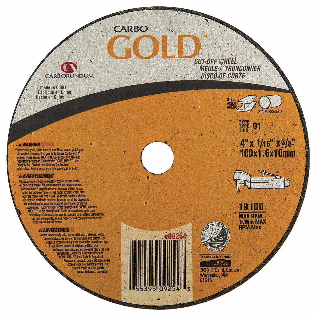 Abrasive Cut-Off Wheel: Type 1, 4" x 1/16" x 3/8", Aluminum Oxide, 36 Grit