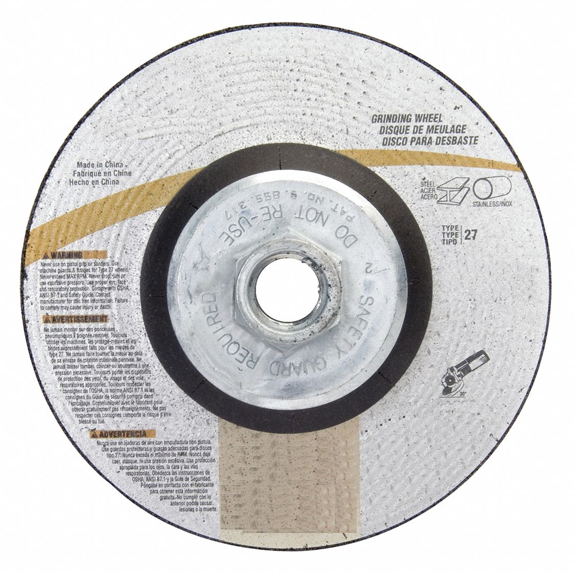 DEPRESSED CENTRE GRINDING WHEEL, TYPE 27, 4½ IN X ¼ IN X ⅝