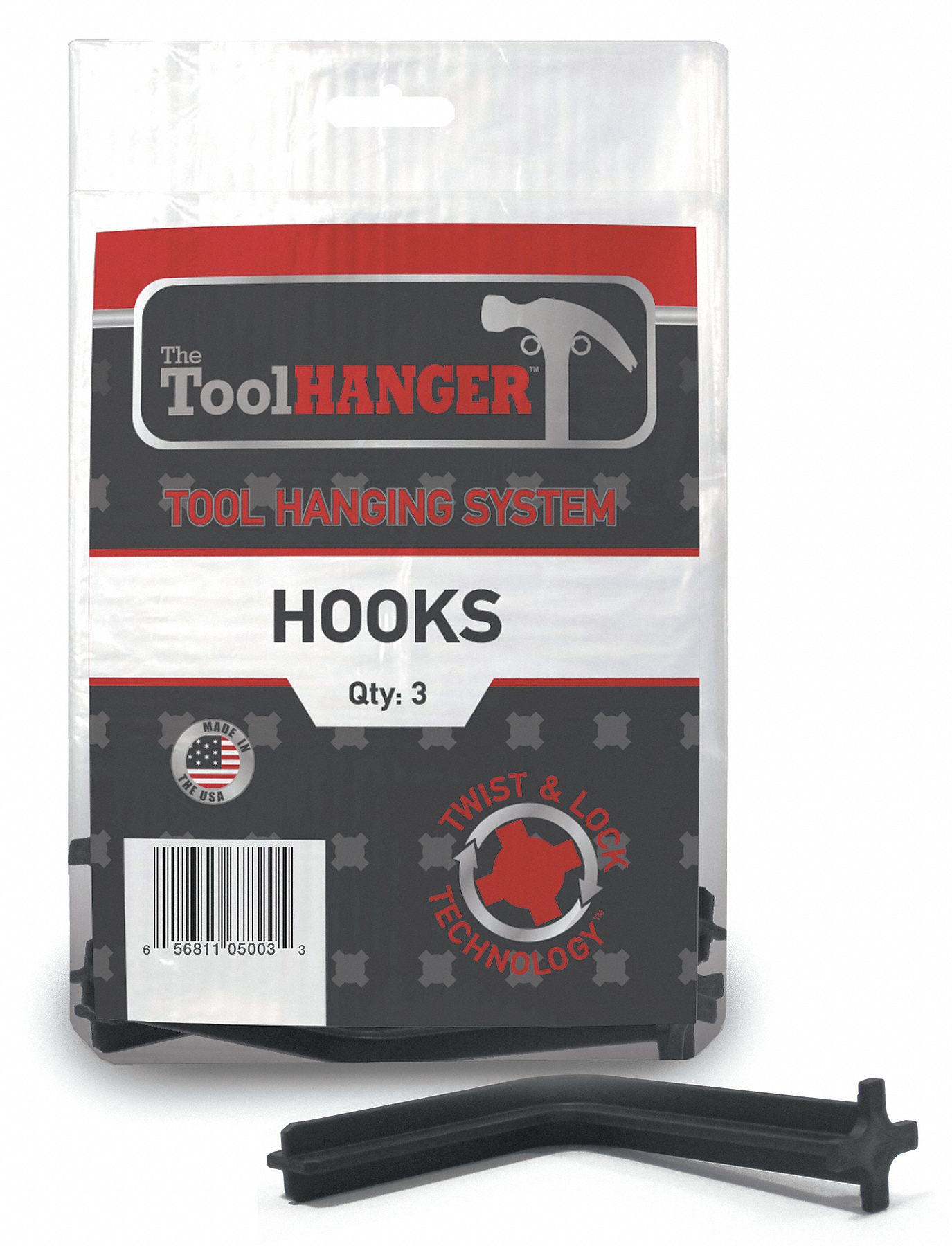 Hook Hanger: Black, Plastic, 10 lb Total Load Capacity, 5 in Overall Lg, 3 PK