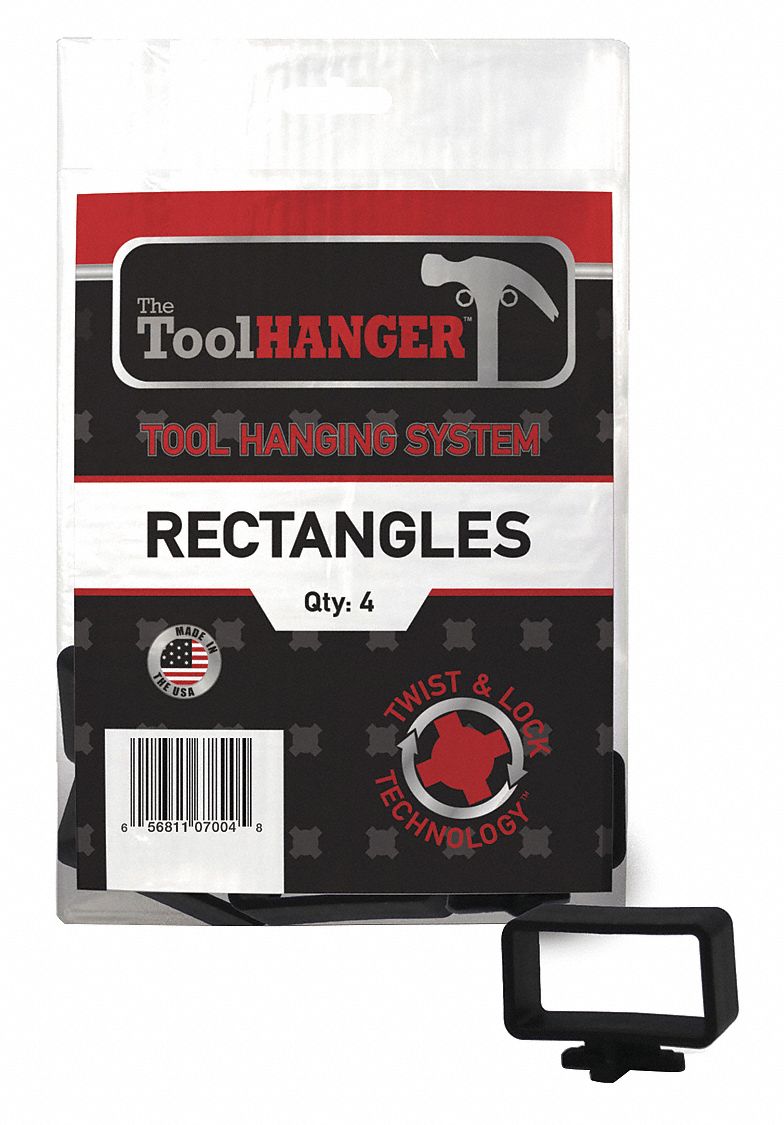 Rectangle Hanger: Black, Plastic, 5 lb Total Load Capacity, 5 in Overall Lg, 4 PK
