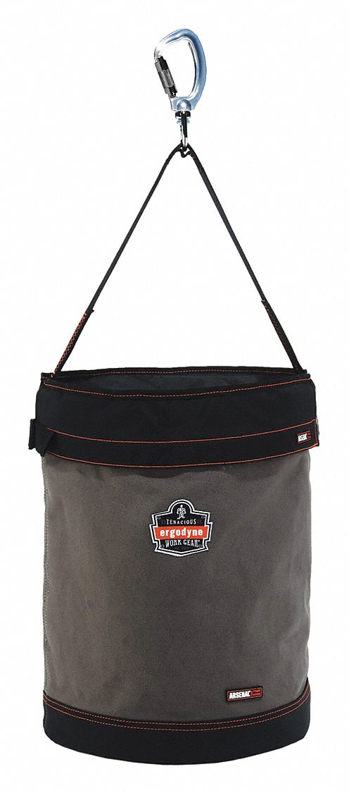 HOIST BUCKET, WITH SWIVELING CARABINER/SAFETY TOP, SIZE XL, GREY, 16 X 20 IN, CANVAS