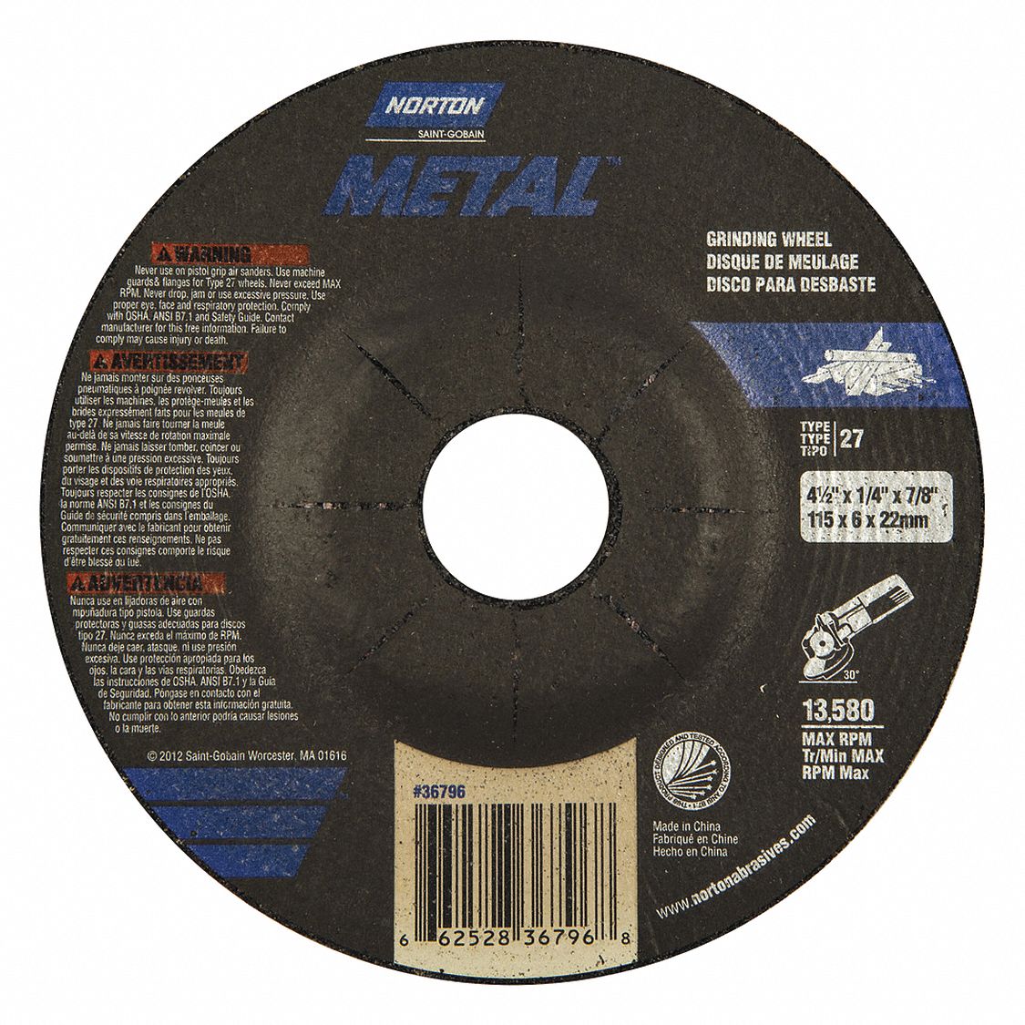 DEPRESSED CENTRE GRINDING WHEEL, TYPE 27, 4½ IN X ¼ IN X ⅞ IN, ALUMINUM OXIDE, 24 GRIT